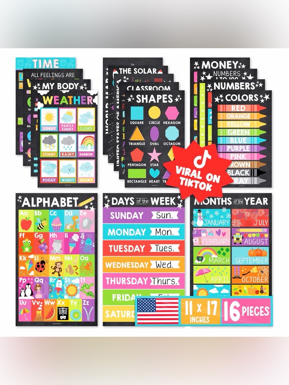 16-Piece Hadley Designs Learning Posters for Toddlers